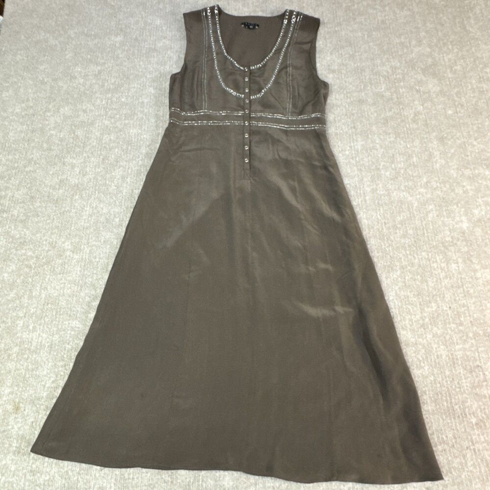Theory Silk Sleeveless‎ Empire Waist Dress Beaded Size 2 Boho Cottagecore Midi